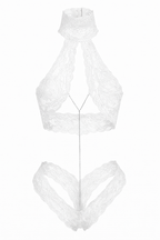 Velvet Fluxe Seraphina ivory eyelash lace lingerie set featuring a sliver body chain and choker neckline, perfect for bridal intimates.