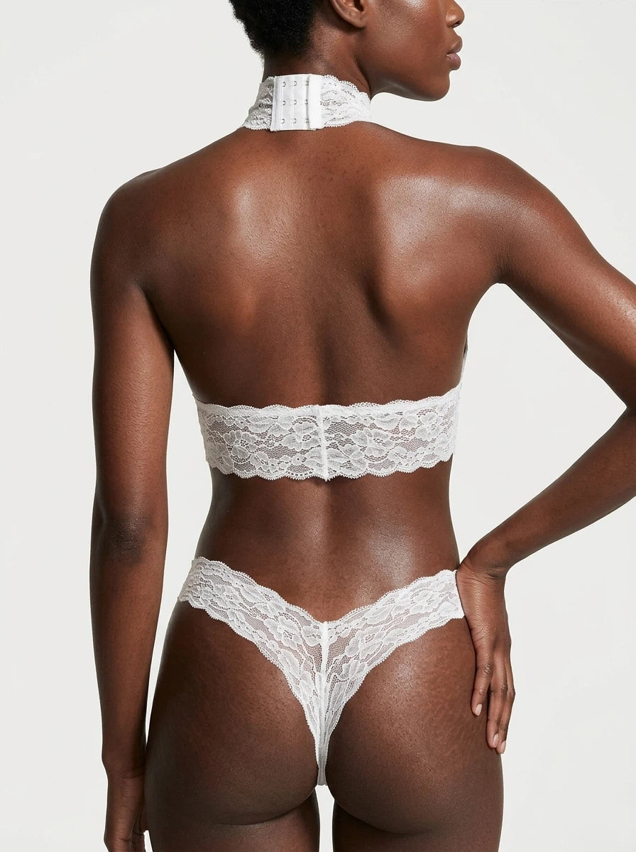 Velvet Fluxe Seraphina ivory eyelash lace lingerie set featuring a sliver body chain and choker neckline, perfect for bridal intimates.