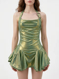 Velvet Fluxe Siren gilded emerald green slip dress with shimmering gold details, luxury jewel-tone intimate and evening wear.