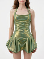 Velvet Fluxe Siren gilded emerald green slip dress with shimmering gold details, luxury jewel-tone intimate and evening wear.
