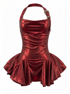 Velvet Fluxe Siren gilded ruby red slip dress with shimmering gold details, luxury romantic evening and intimate wear.