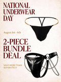 The Homme Edit by Velvet Fluxe National Underwear Day 2-piece men's bundle deal. Displays two black thongs: a minimalist design with delicate gold chain, and a bold wet-look thong with heavy silver chains and O-rings.