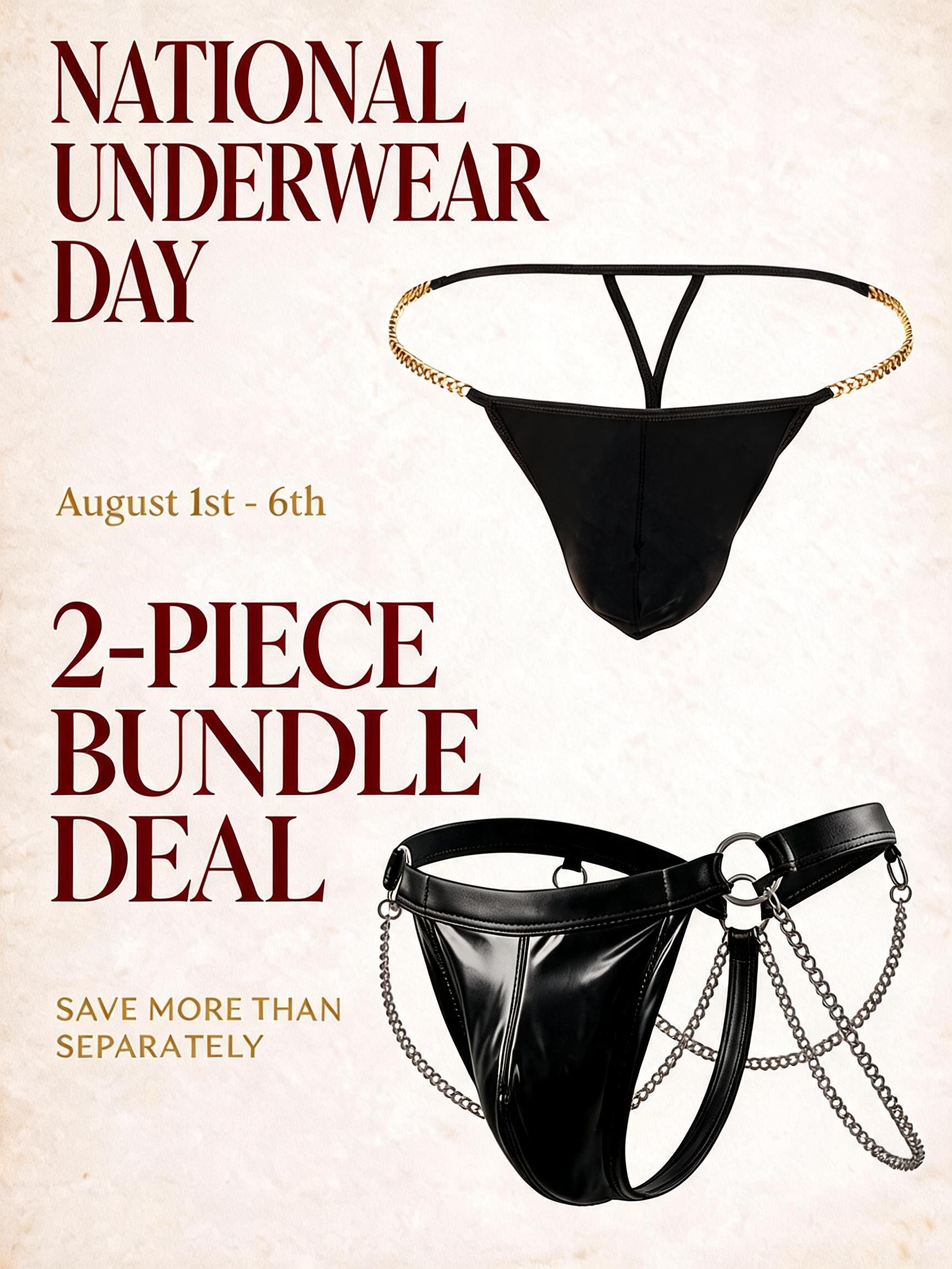 The Homme Edit by Velvet Fluxe National Underwear Day 2-piece men's bundle deal. Displays two black thongs: a minimalist design with delicate gold chain, and a bold wet-look thong with heavy silver chains and O-rings.