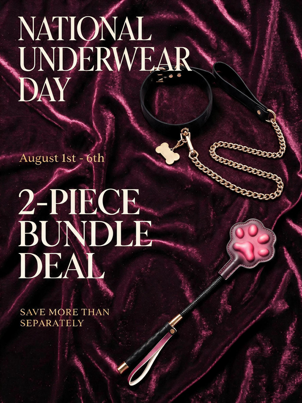 Velvet Fluxe National Underwear Day 2-piece kink bundle deal resting on deep red velvet. Features a black leather collar with a gold chain leash and bone charm, alongside a burgundy thermal-reactive paw paddle.