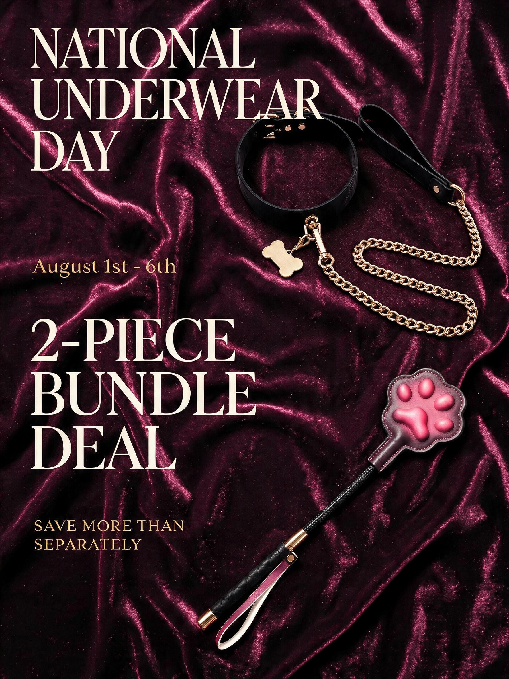 Velvet Fluxe National Underwear Day 2-piece kink bundle deal resting on deep red velvet. Features a black leather collar with a gold chain leash and bone charm, alongside a burgundy thermal-reactive paw paddle.