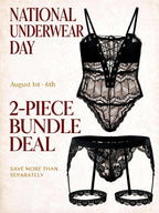 Velvet Fluxe National Underwear Day 2-piece couples bundle deal. Showcasing a women's black lace bodysuit with lace-up front detailing and a matching men's black lace harness thong.