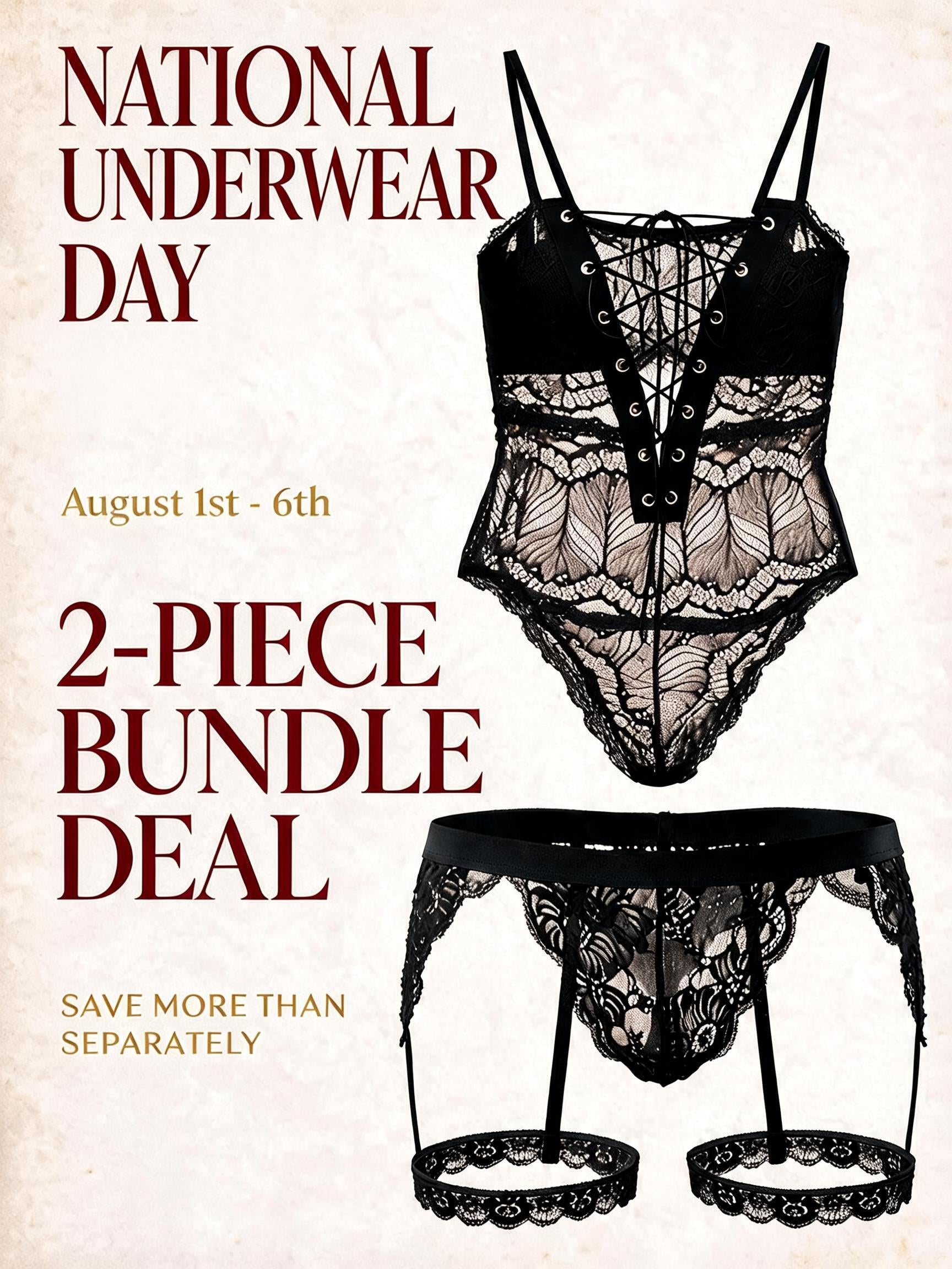 Velvet Fluxe National Underwear Day 2-piece couples bundle deal. Showcasing a women's black lace bodysuit with lace-up front detailing and a matching men's black lace harness thong.