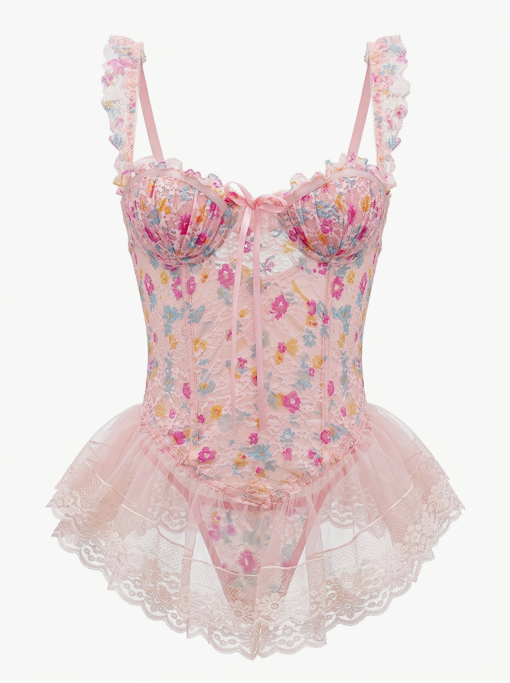 Velvet Fluxe Valerie blush pink sheer mesh slip dress featuring exposed corset boning and underwire cups, luxury romantic coquette lingerie.