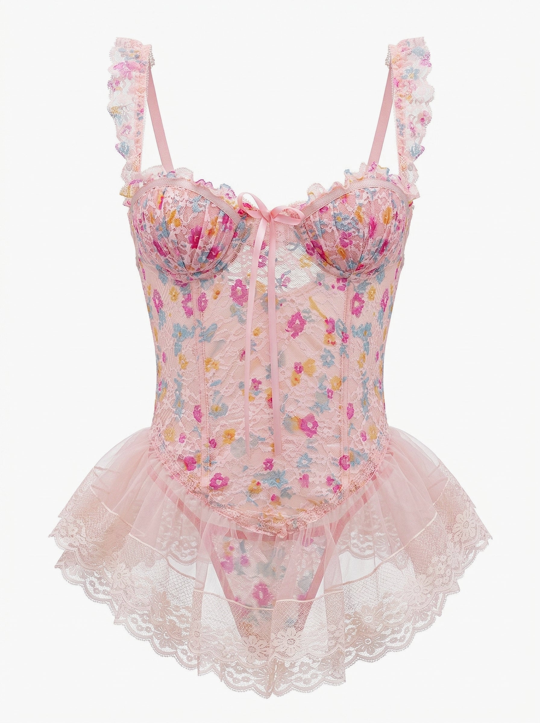 Velvet Fluxe Valerie blush pink sheer mesh slip dress featuring exposed corset boning and underwire cups, luxury romantic coquette lingerie.
