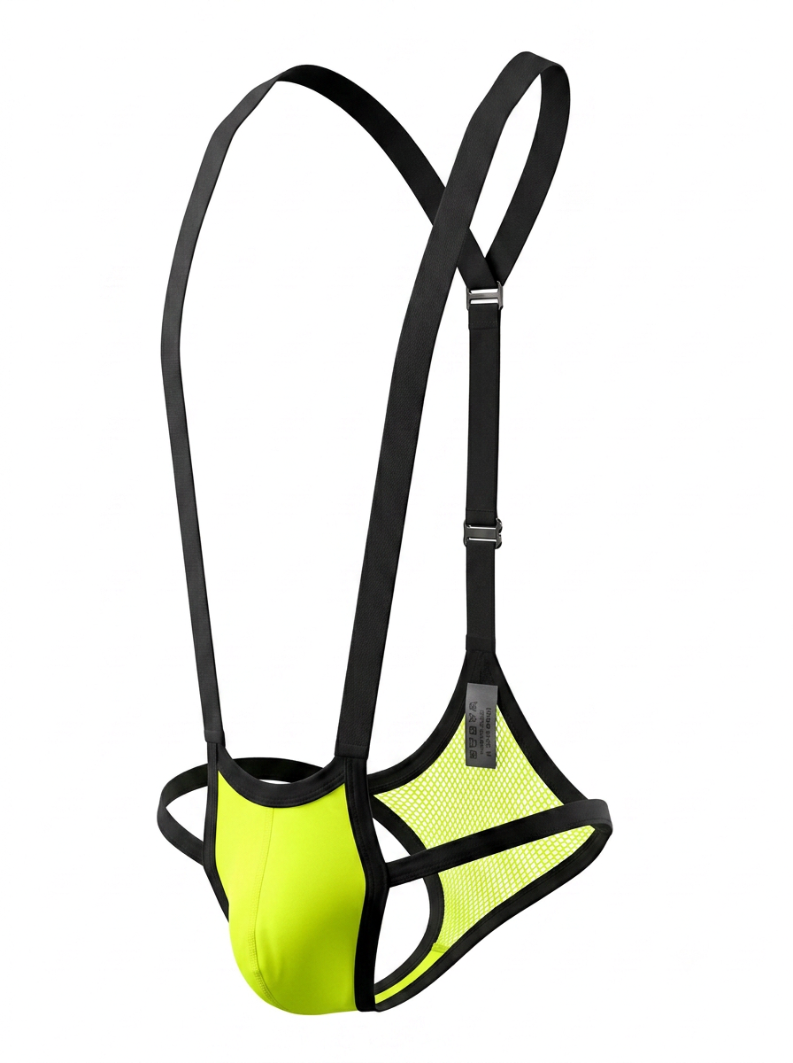 Velvet Fluxe Homme men's suspender jockstrap in neon green and black. Product shot highlighting the vibrant green contoured front pouch, breathable mesh, and adjustable black structural harness straps.