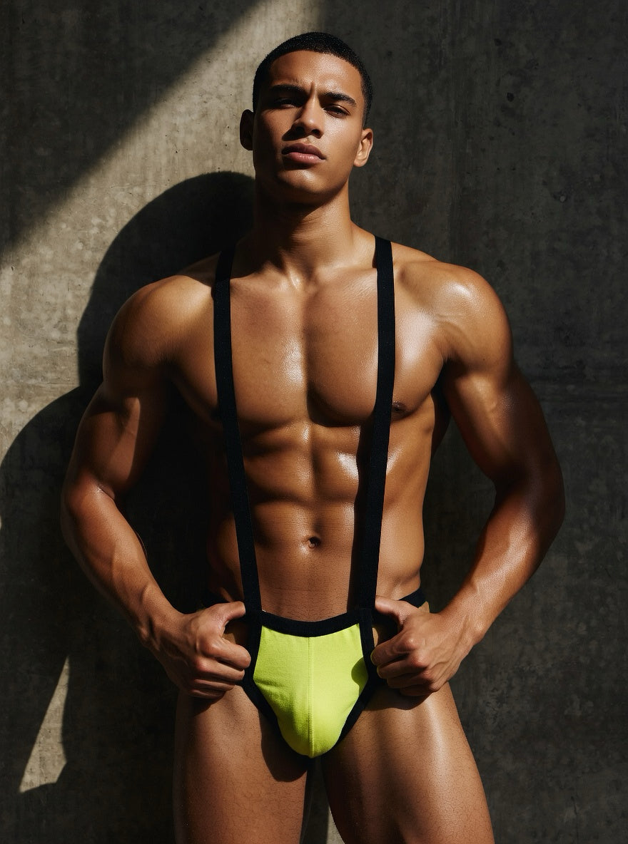 Athletic male model wearing the Velvet Fluxe neon green and black harness jockstrap. Front view highlighting the architectural black suspender straps and lifting neon green contoured pouch against a textured concrete wall.