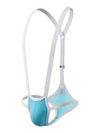 Velvet Fluxe Homme men's harness jockstrap in sky blue and white. Product view showing the ergonomic blue 3D pouch, white adjustable suspender straps, and light blue mesh detailing.
