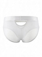 Back view of AURA sheer striped cutout men's briefs in white, ghost mannequin showing horizontal sheer texture.