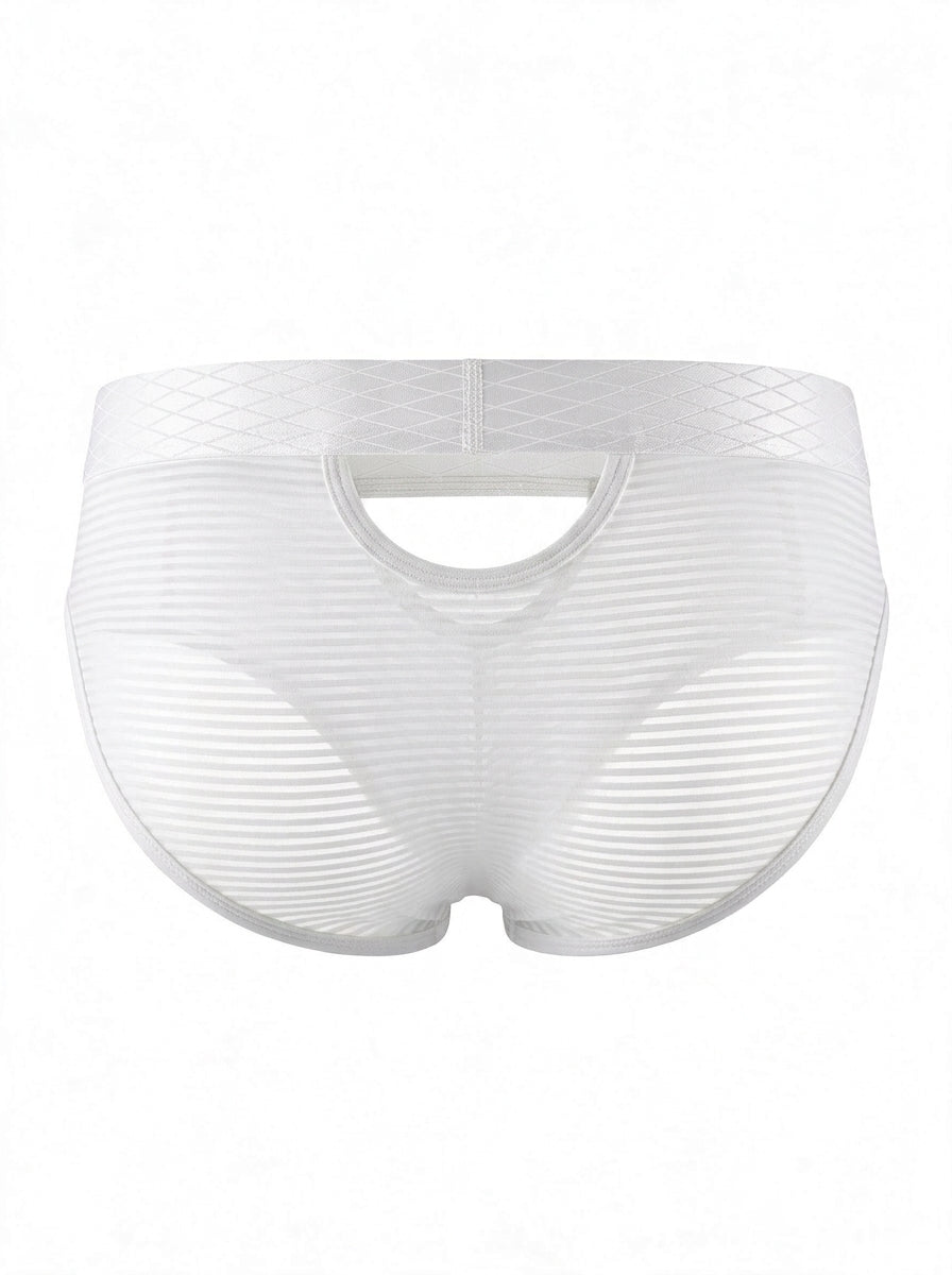 Back view of AURA sheer striped cutout men's briefs in white, ghost mannequin showing horizontal sheer texture.