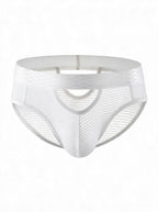 Front view of AURA sheer striped cutout men's briefs in white, 3D ghost mannequin flat lay.