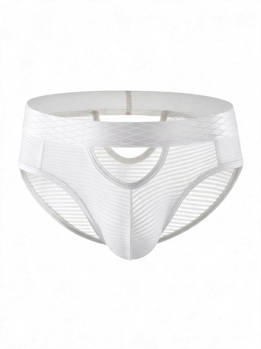 Front view of AURA sheer striped cutout men's briefs in white, 3D ghost mannequin flat lay.