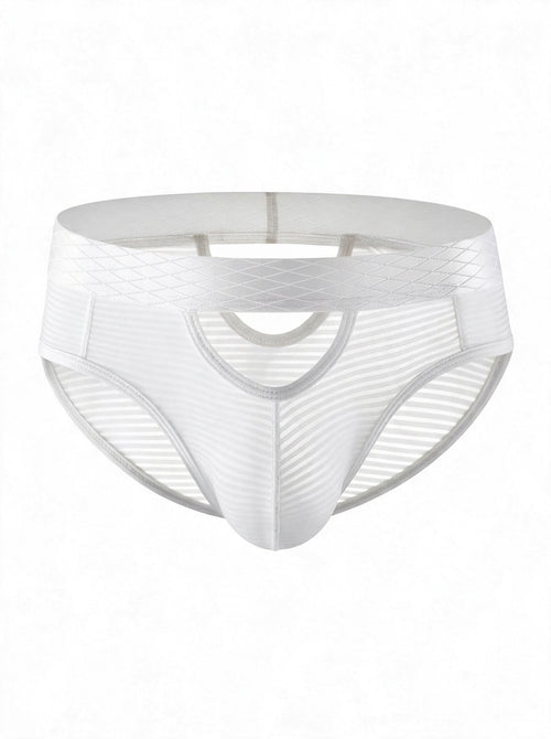 Front view of AURA sheer striped cutout men's briefs in white, 3D ghost mannequin flat lay.