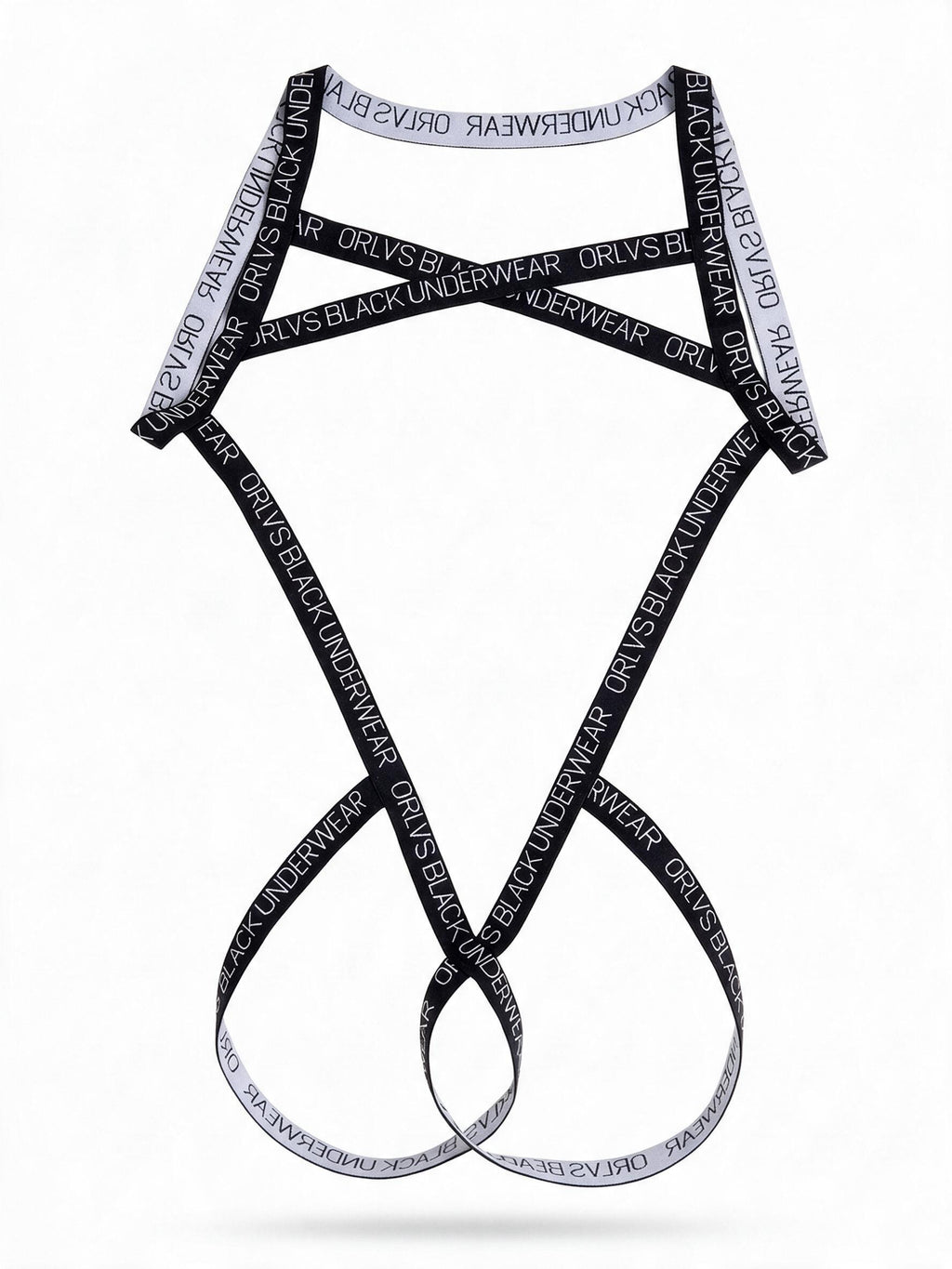Flat lay product view of the black graphic letter men's body harness, detailing the strap structure and bold text pattern on a clean background.