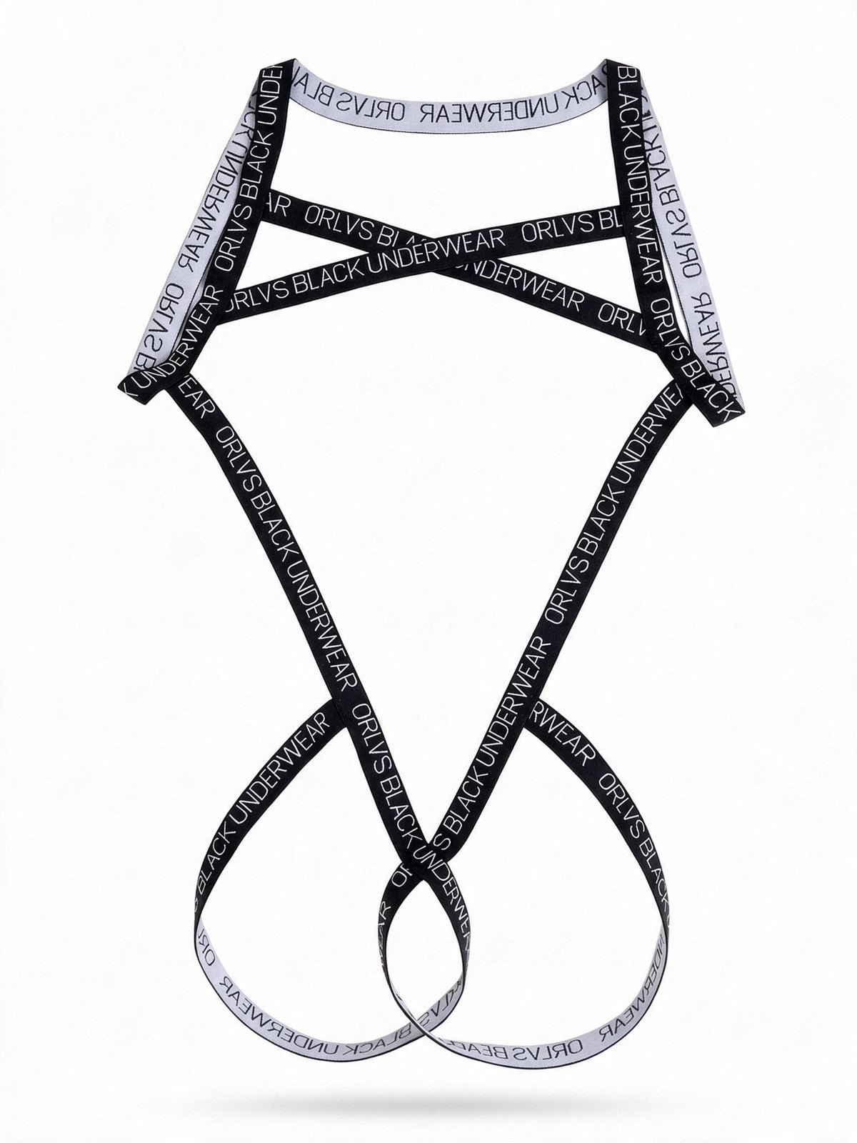 Flat lay product view of the black graphic letter men's body harness, detailing the strap structure and bold text pattern on a clean background.