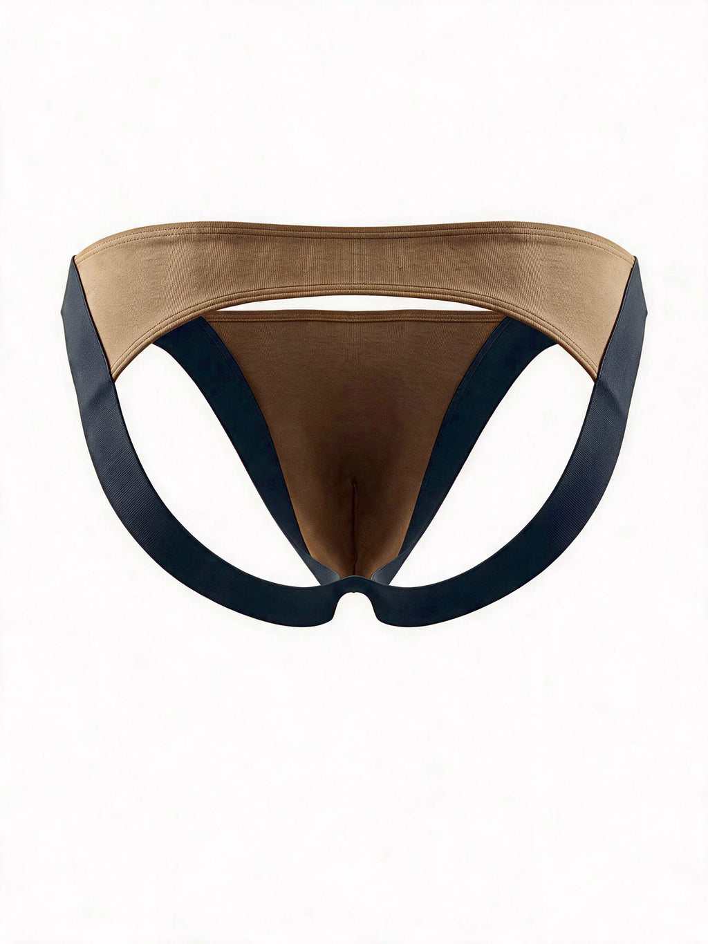 Product flat lay back view of the black and khaki jockstrap, showing the wide lifting elastic bands and open back structure.