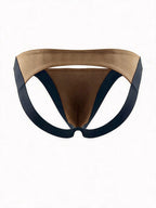 Product flat lay back view of the black and khaki jockstrap, showing the wide lifting elastic bands and open back structure.