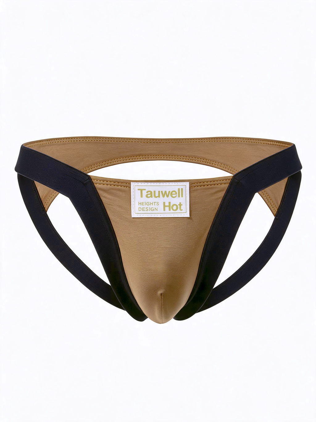 Product flat lay of the black and khaki men's cotton jockstrap, front view showing the design details and Tauwell Hot logo on a clean background.