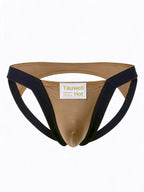 Product flat lay of the black and khaki men's cotton jockstrap, front view showing the design details and Tauwell Hot logo on a clean background.