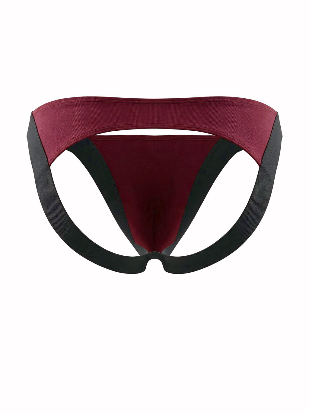 Product flat lay back view of the black and red jockstrap, showing the wide lifting elastic bands and open back structure.