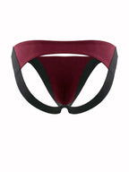 Product flat lay back view of the black and red jockstrap, showing the wide lifting elastic bands and open back structure.