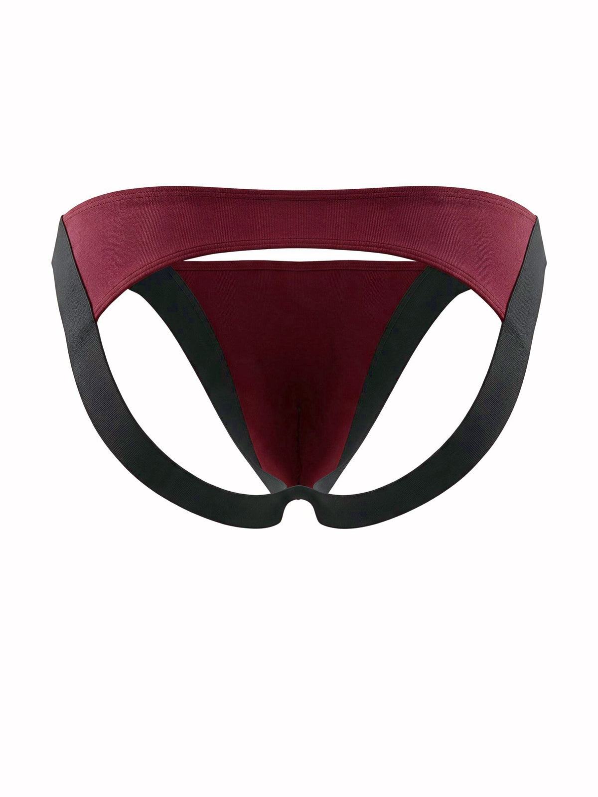 Product flat lay back view of the black and red jockstrap, showing the wide lifting elastic bands and open back structure.