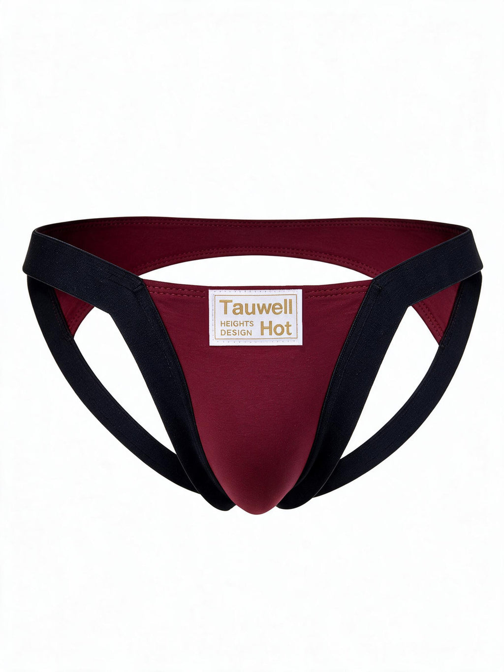 Ghost mannequin front view of the black and red men's double-string thong, highlighting the bold contrast colors.