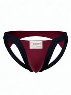 Ghost mannequin front view of the black and red men's double-string thong, highlighting the bold contrast colors.