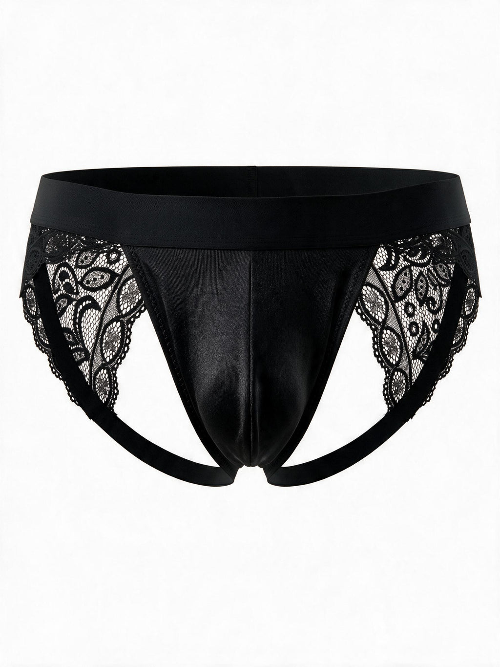 Flat lay view of the Velvet Fluxe HADEN men's gilded black lace jockstrap, featuring a 3D contoured pouch, wide elastic waistband, and breathable sheer lace cut-outs.