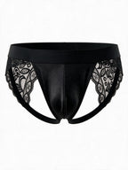 Flat lay view of the Velvet Fluxe HADEN men's gilded black lace jockstrap, featuring a 3D contoured pouch, wide elastic waistband, and breathable sheer lace cut-outs.