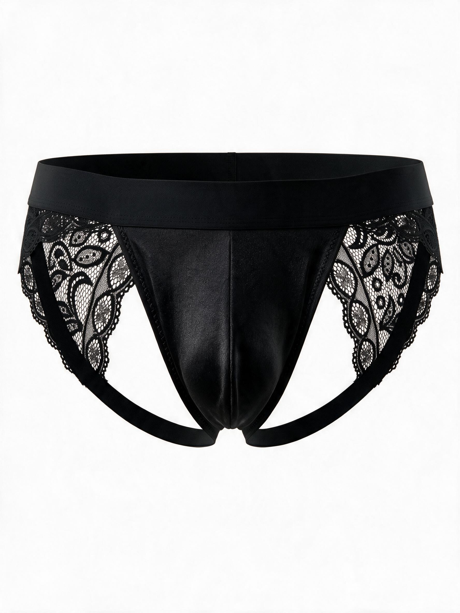 Flat lay view of the Velvet Fluxe HADEN men's gilded black lace jockstrap, featuring a 3D contoured pouch, wide elastic waistband, and breathable sheer lace cut-outs.