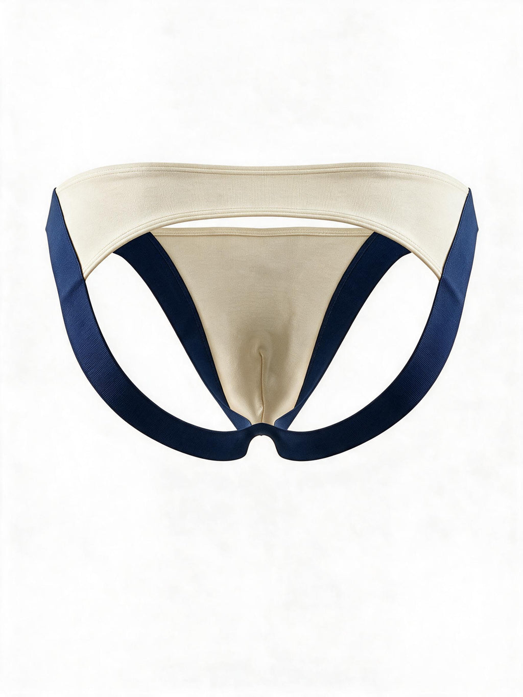 Product flat lay back view of the navy and white jockstrap, showing the wide lifting elastic bands and open back structure.