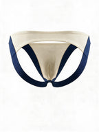 Product flat lay back view of the navy and white jockstrap, showing the wide lifting elastic bands and open back structure.