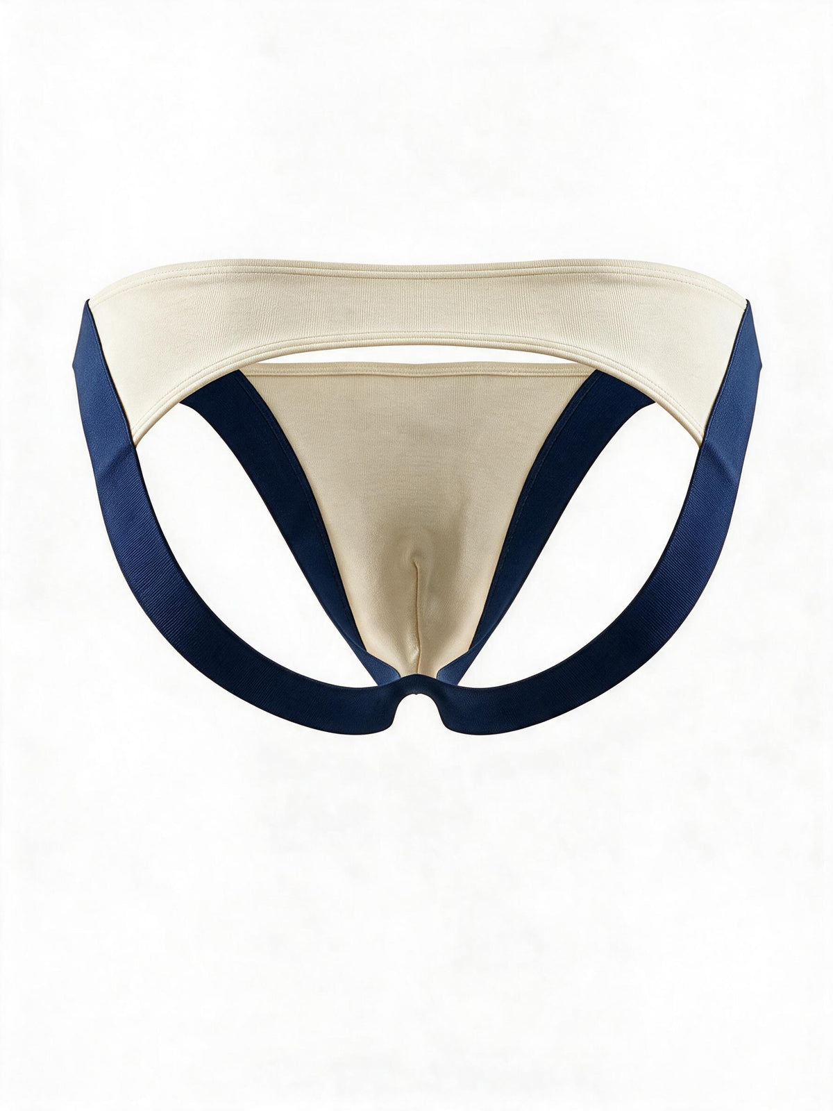 Product flat lay back view of the navy and white jockstrap, showing the wide lifting elastic bands and open back structure.