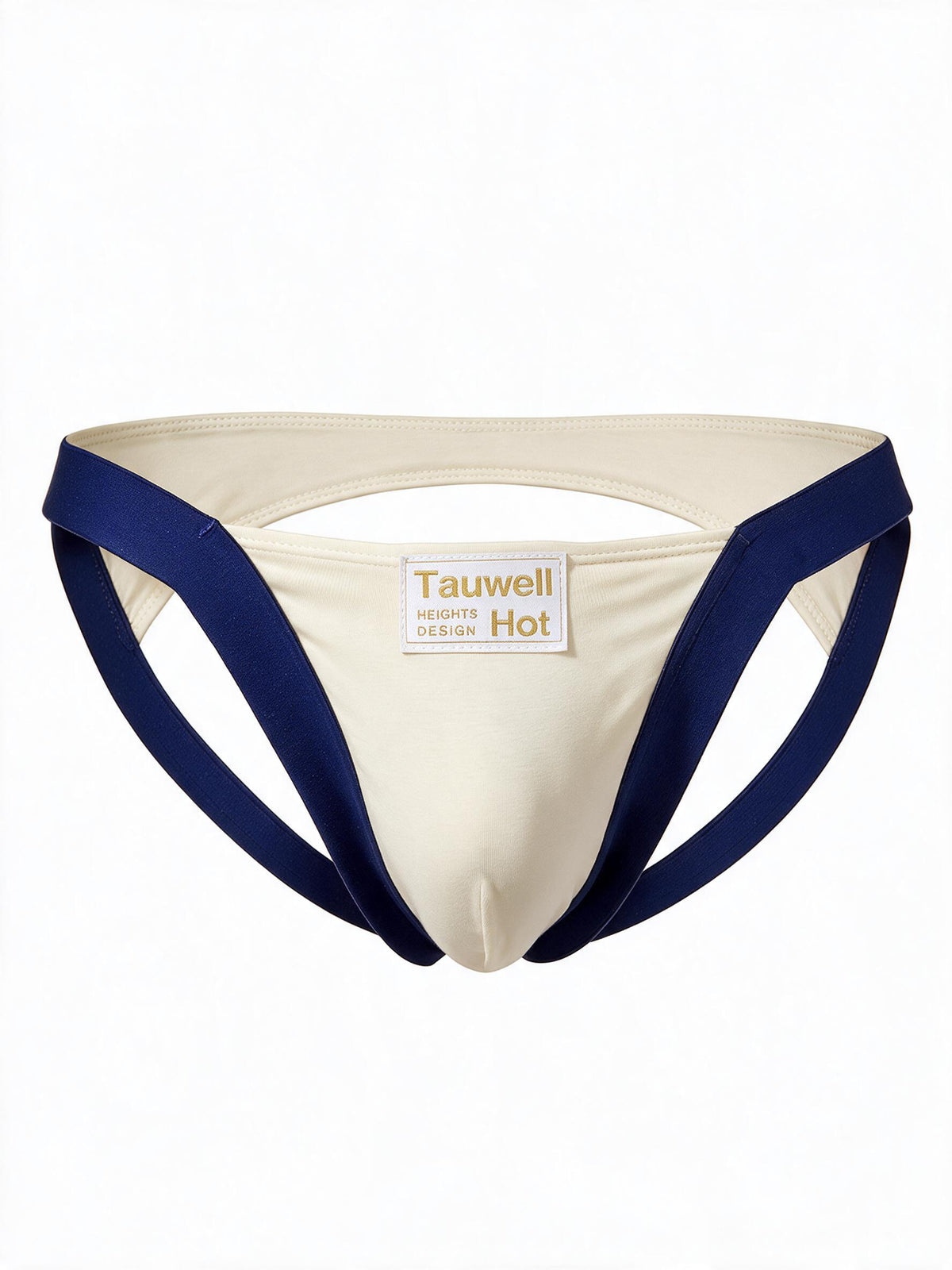Product flat lay front view of the navy and off-white men's athletic jockstrap, detailing the breathable cotton pouch on a white background.