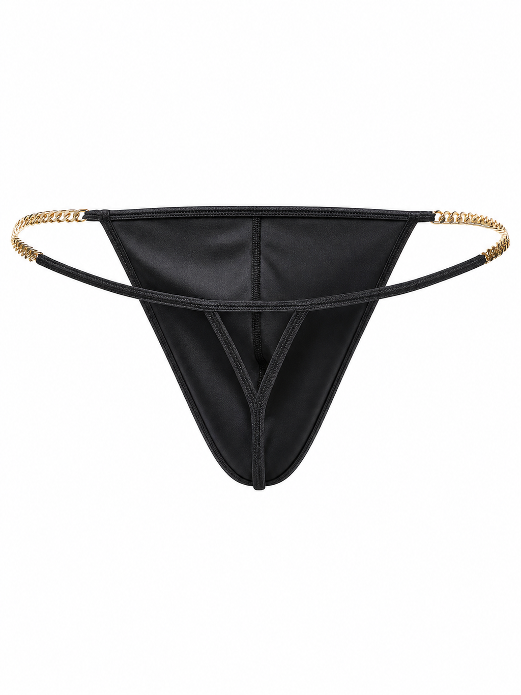Velvet Fluxe AURELIUS men's black thong underwear. Back product view detailing the minimalistic T-back design, smooth fabric, and premium gold chain side hardware.