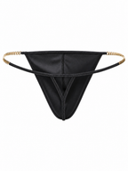 Velvet Fluxe AURELIUS men's black thong underwear. Back product view detailing the minimalistic T-back design, smooth fabric, and premium gold chain side hardware.