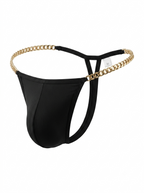 Velvet Fluxe AURELIUS men's black thong underwear. Front product view highlighting the smooth contoured pouch and luxury gold chain side straps on a pure white background.