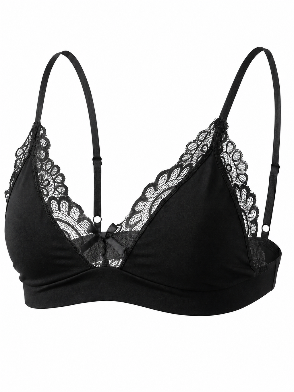 Velvet Fluxe NOCTURNE French men's black lace bralette. Product shot highlighting the sheer floral lace triangle cups, scalloped edging, center bow detail, and adjustable straps on a pure white background.