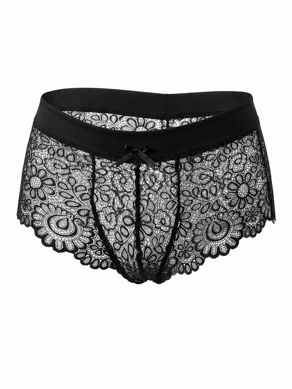Velvet Fluxe NOCTURNE French men's sheer black lace boxer briefs. Product view showing the intricate floral lace pattern, solid black elastic waistband for support, and a subtle center bow detail.