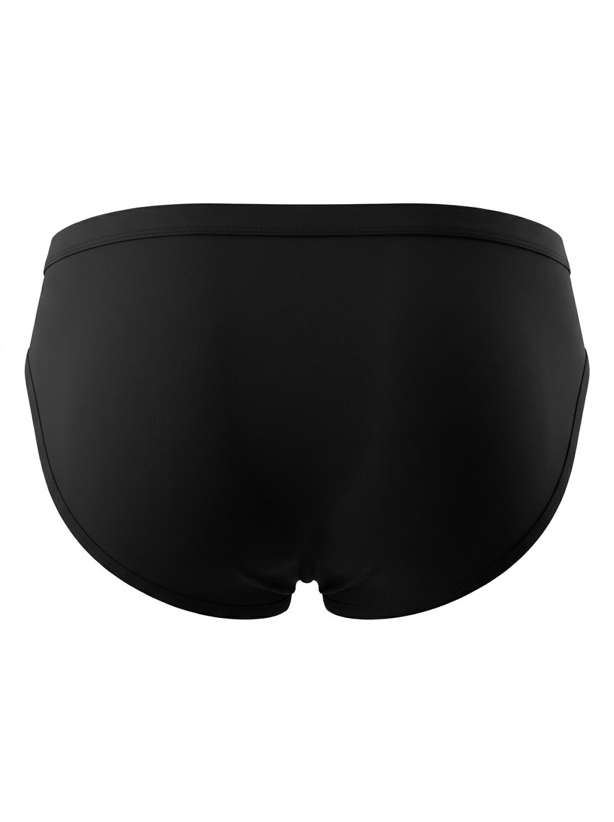 Back product shot of AURELIUS black ice silk men's briefs, showing seamless construction and soft breathable fabric.