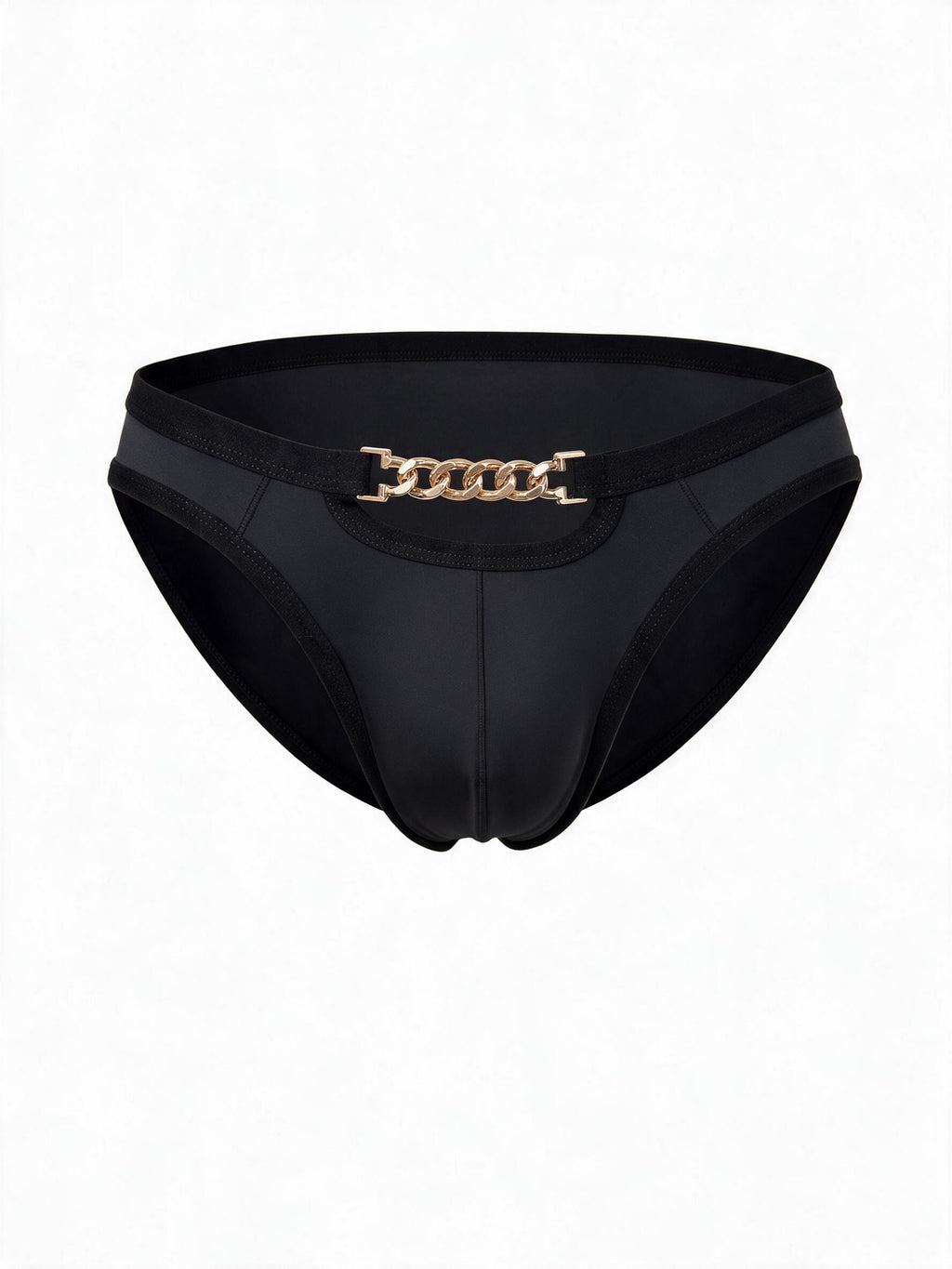 Flat lay product shot of AURELIUS black ice silk men's briefs, featuring a metallic gold chain waistband detail, front cutout, and premium nylon-spandex blend.