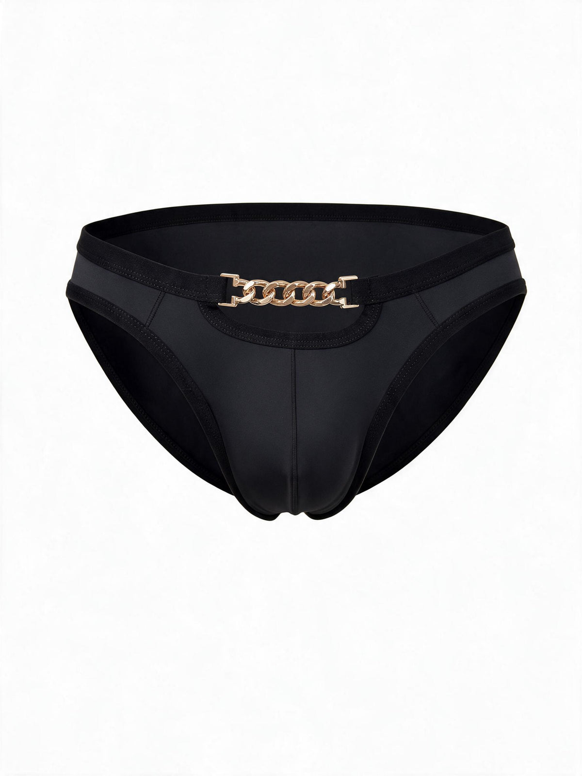 Flat lay product shot of AURELIUS black ice silk men's briefs, featuring a metallic gold chain waistband detail, front cutout, and premium nylon-spandex blend.