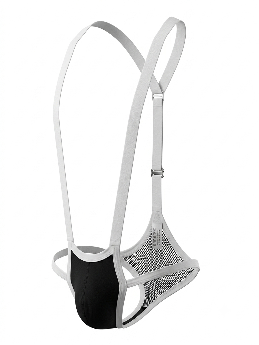 Velvet Fluxe Homme black and white men's suspender jockstrap, featuring a 3D contoured front pouch, white adjustable harness straps with metal hardware, and breathable black sports mesh.