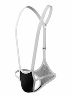 Velvet Fluxe Homme black and white men's suspender jockstrap, featuring a 3D contoured front pouch, white adjustable harness straps with metal hardware, and breathable black sports mesh.