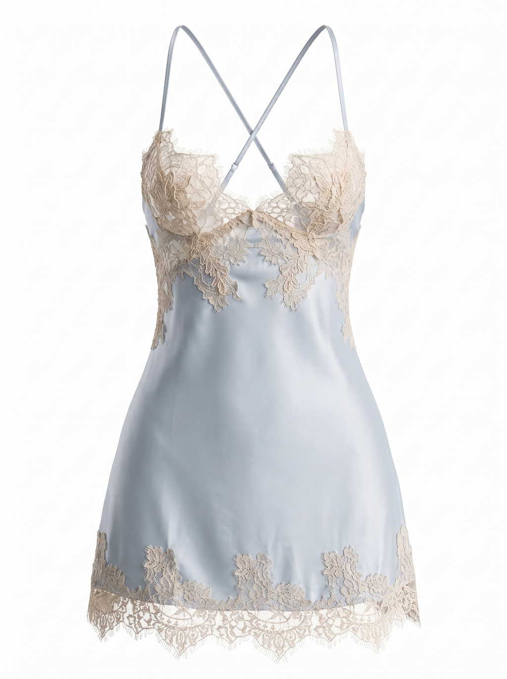Front product view of the Velvet Fluxe Céleste ice blue satin chemise. Showcasing the sheer champagne eyelash lace bodice, cross straps, and lace-trimmed hem on a pure white background.